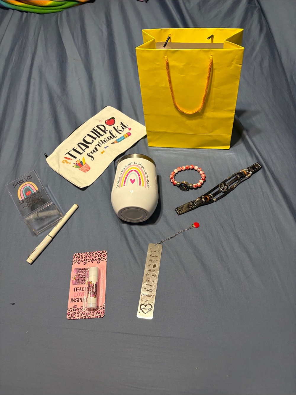 Rainbow Mug, Pink/Bracelet - Teacher Gift Set lip balm,bookmark,pen, holder,bag